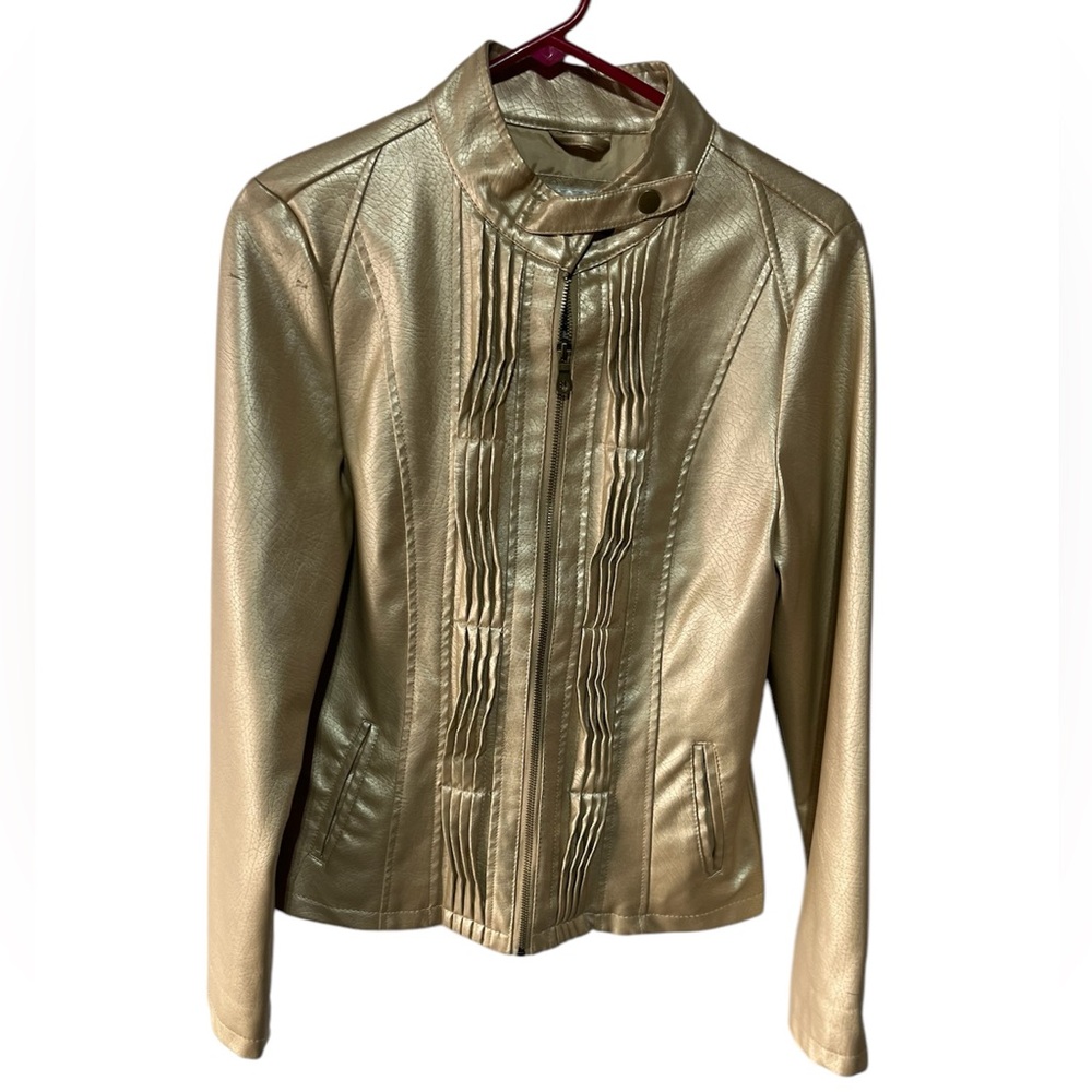 FRIDA G FAUX LEATHER JACKET WITH PLEATED‎ FRONT 2 FRONT POCKETS M GOLD